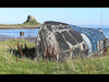 DISTANT CASTLE & DERELICT BOAT, LINDISFARNE